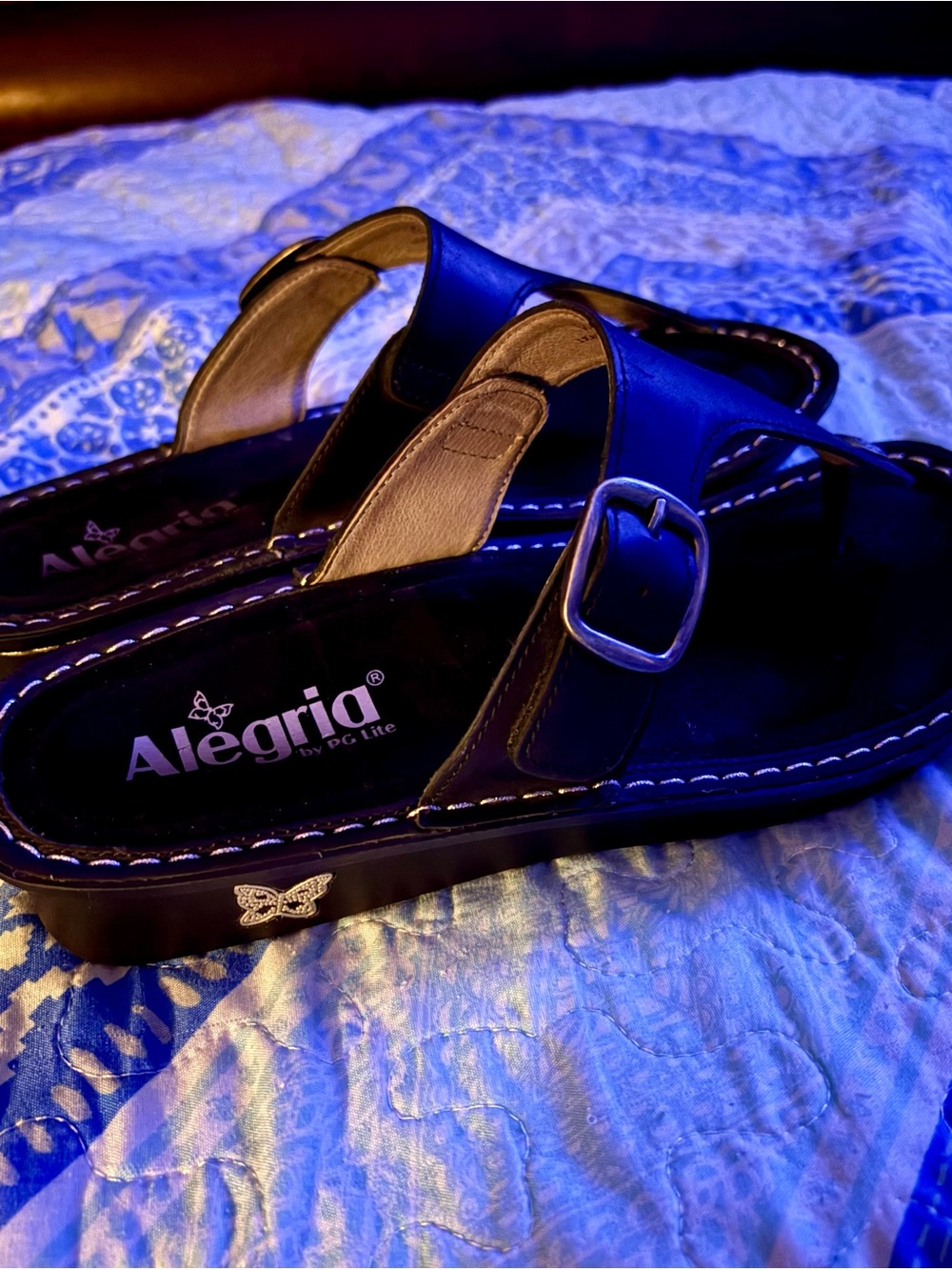 Alegria Black Leather Slide Sandals with Silver Buckle
